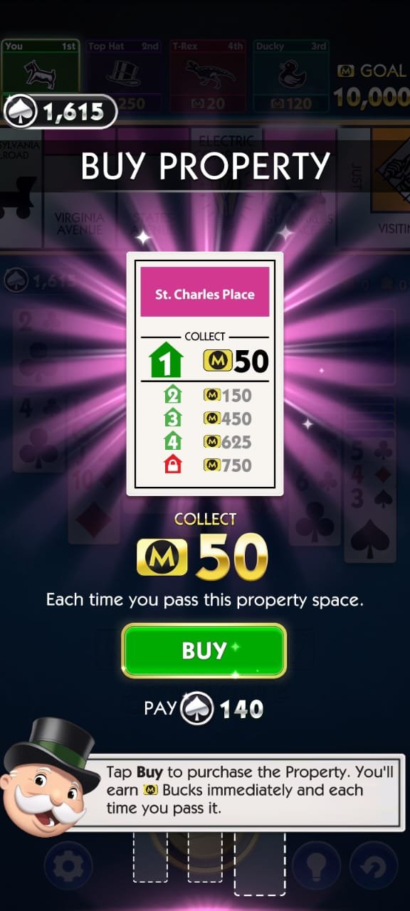Monopoly Solitaire St. Charles Place property card with buy button and coin rewards.