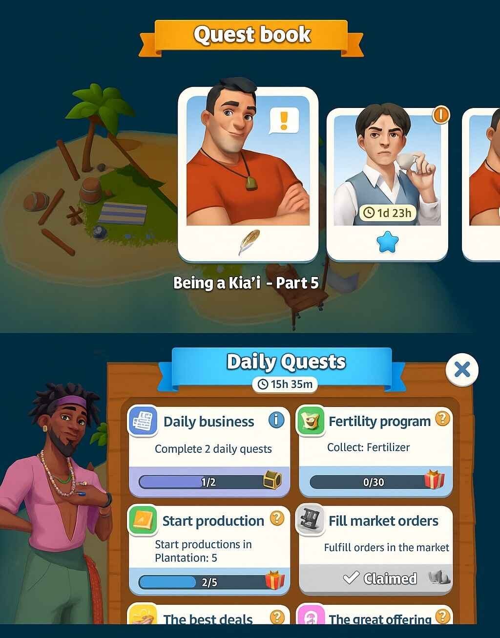 Quest Book and Daily Quests panels in Sunshine Island showing quest cards and daily tasks.