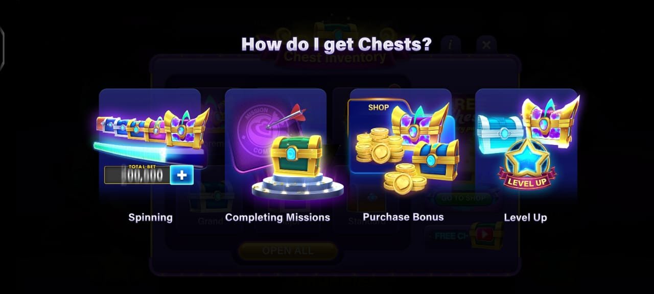 Earn chests by spinning, completing missions, buying bonuses, or leveling up
