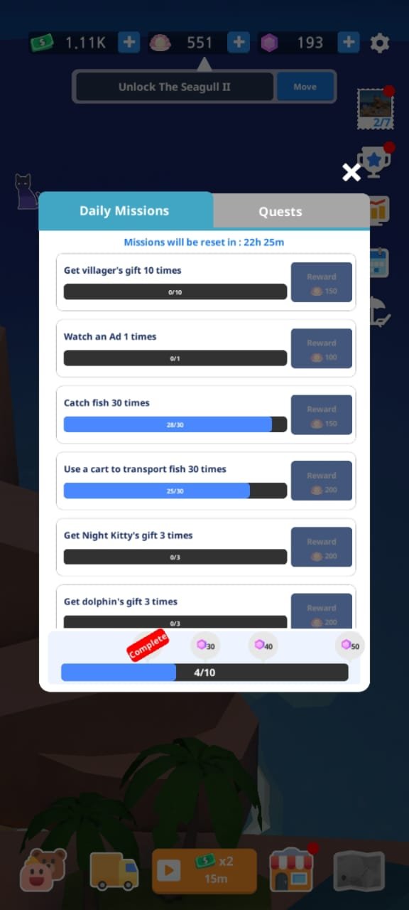 complete daily mission and quests idlefishing village tycoon
